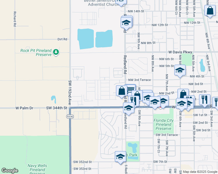 map of restaurants, bars, coffee shops, grocery stores, and more near 33690 Southwest 187th Avenue in Florida City