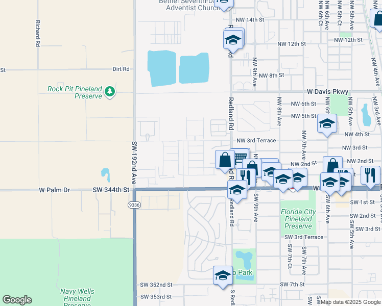 map of restaurants, bars, coffee shops, grocery stores, and more near 1100 West Palm Drive in Homestead