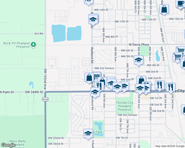 map of restaurants, bars, coffee shops, grocery stores, and more near 973 Northwest 3rd Street in Florida City