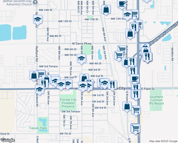 map of restaurants, bars, coffee shops, grocery stores, and more near 535 Northwest 3rd Street in Florida City