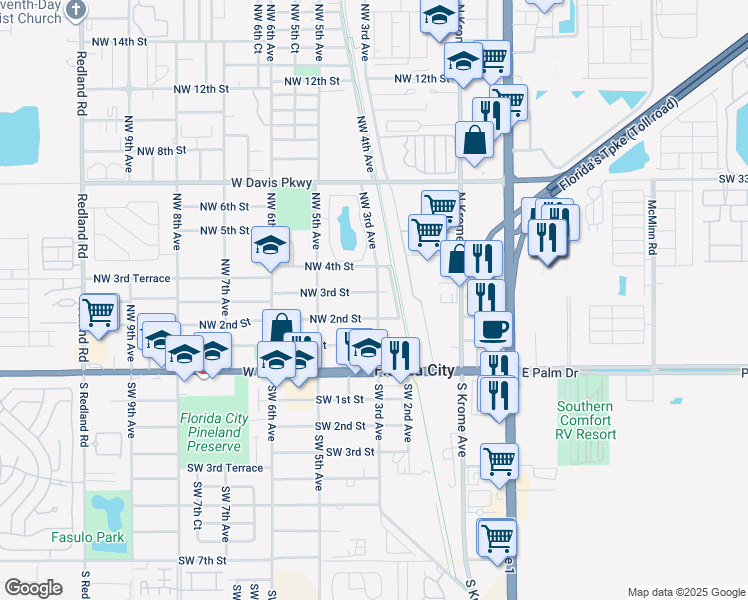 map of restaurants, bars, coffee shops, grocery stores, and more near 301 Northwest 3rd Street in Florida City