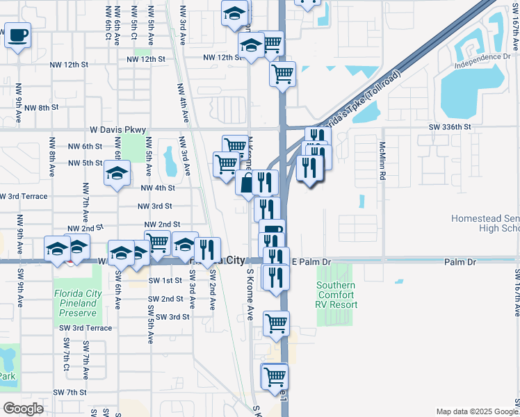 map of restaurants, bars, coffee shops, grocery stores, and more near Northeast 3rd Street in Florida City