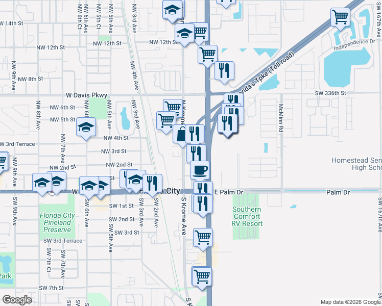 map of restaurants, bars, coffee shops, grocery stores, and more near Northeast 3rd Street in Florida City