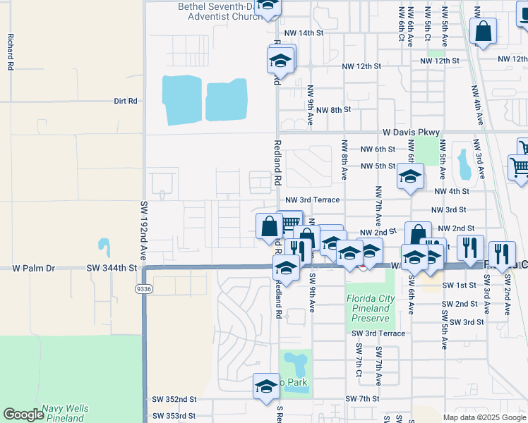 map of restaurants, bars, coffee shops, grocery stores, and more near 33700 Redland Road in Florida City