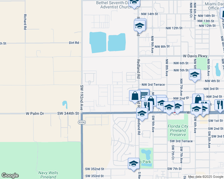 map of restaurants, bars, coffee shops, grocery stores, and more near 1100 West Palm Drive in Homestead