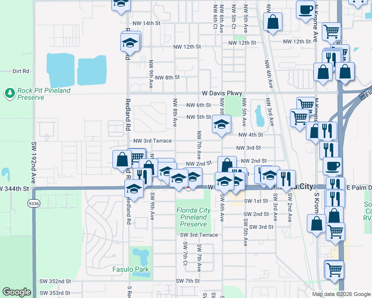 map of restaurants, bars, coffee shops, grocery stores, and more near 741 Northwest 3rd Street in Homestead