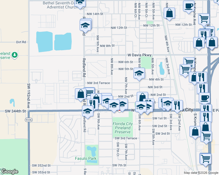 map of restaurants, bars, coffee shops, grocery stores, and more near 837 Northwest 3rd Street in Homestead