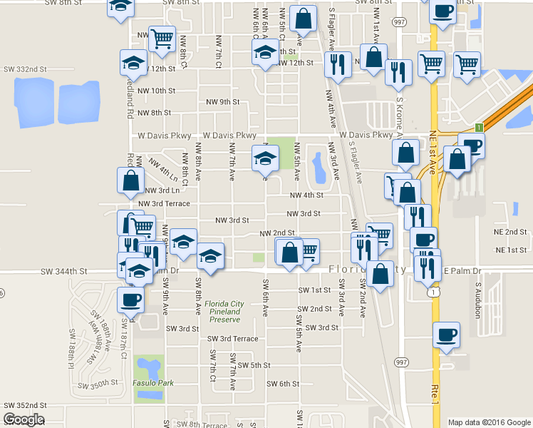 map of restaurants, bars, coffee shops, grocery stores, and more near Northwest 3rd Street in Florida City