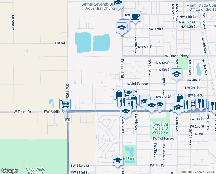 map of restaurants, bars, coffee shops, grocery stores, and more near 33690 Southwest 187th Avenue in Florida City