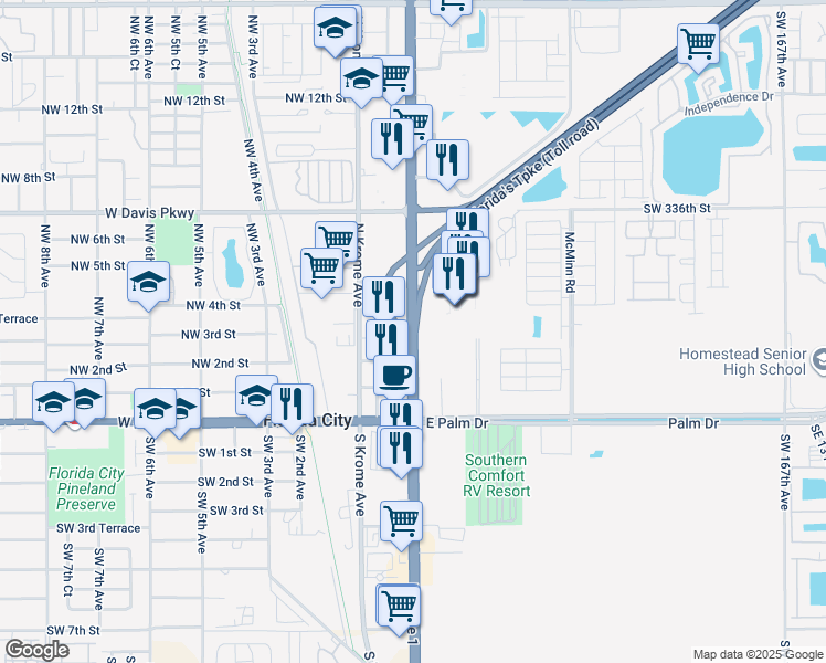 map of restaurants, bars, coffee shops, grocery stores, and more near 77 Northeast 3rd Street in Florida City