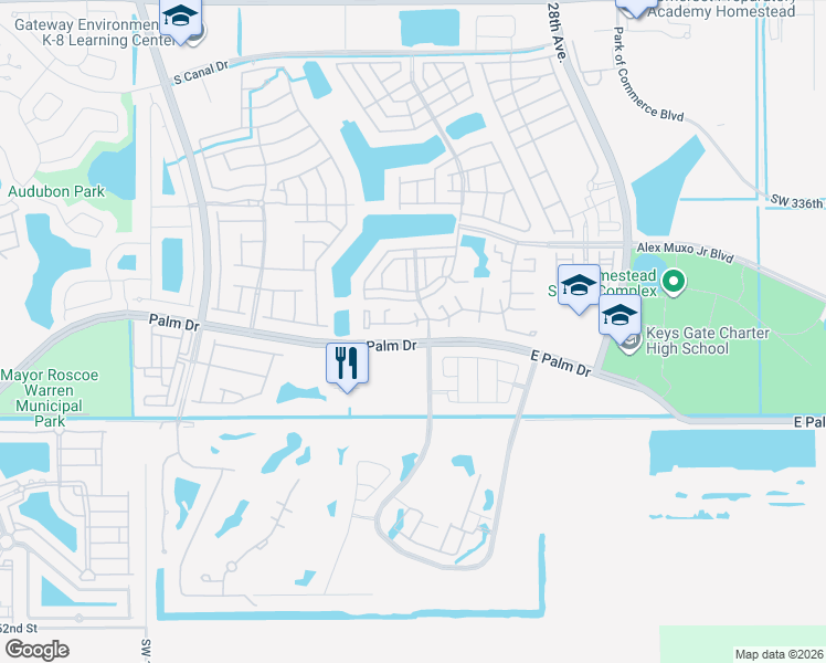 map of restaurants, bars, coffee shops, grocery stores, and more near 2308 Southeast 23rd Road in Homestead