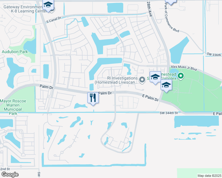 map of restaurants, bars, coffee shops, grocery stores, and more near 2308 Southeast 23rd Road in Homestead