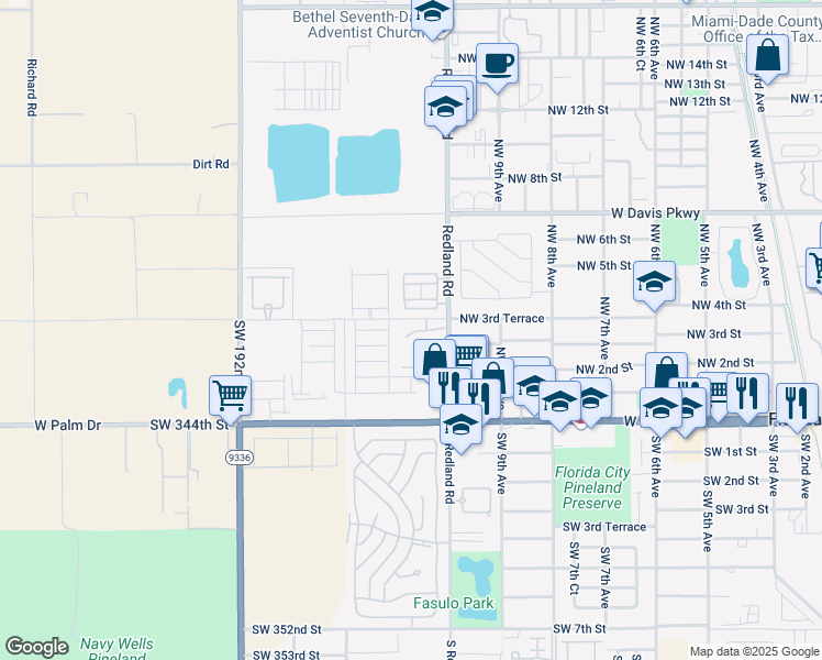 map of restaurants, bars, coffee shops, grocery stores, and more near 33690 Southwest 187th Avenue in Florida City
