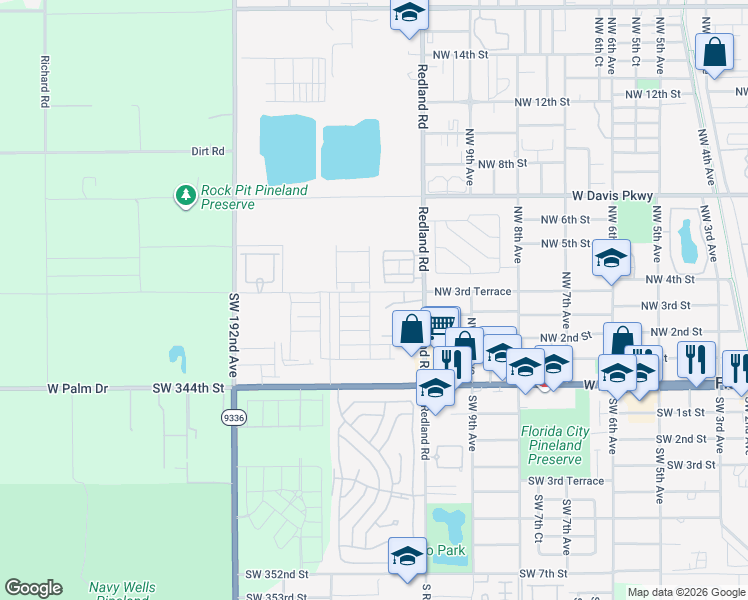 map of restaurants, bars, coffee shops, grocery stores, and more near 33690 Southwest 187th Avenue in Florida City