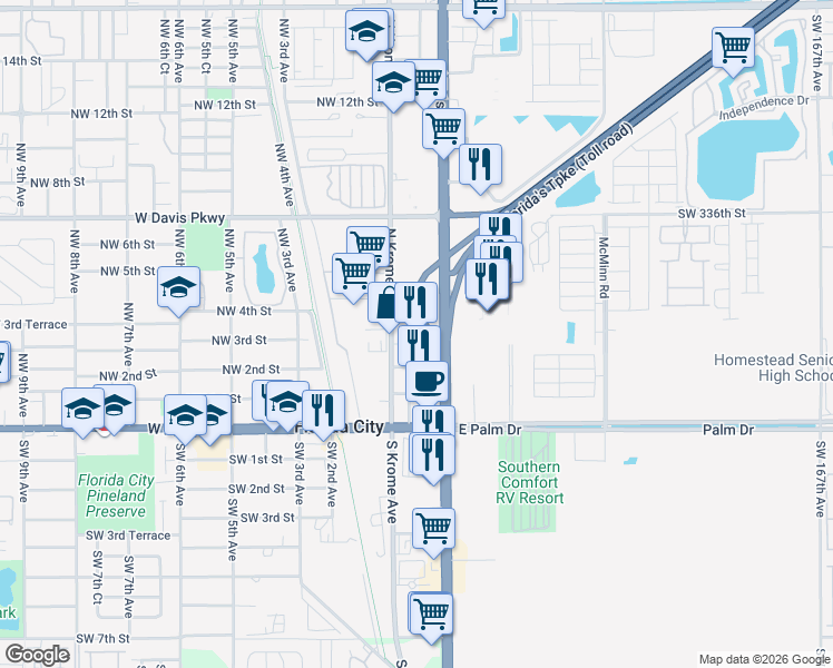 map of restaurants, bars, coffee shops, grocery stores, and more near 77 Northeast 3rd Street in Florida City