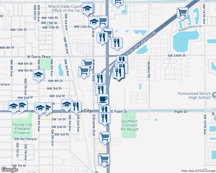 map of restaurants, bars, coffee shops, grocery stores, and more near 77 Northeast 3rd Street in Florida City