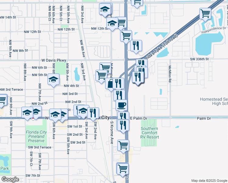 map of restaurants, bars, coffee shops, grocery stores, and more near 237 North Krome Avenue in Florida City