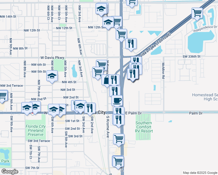 map of restaurants, bars, coffee shops, grocery stores, and more near 77 Northeast 3rd Street in Florida City