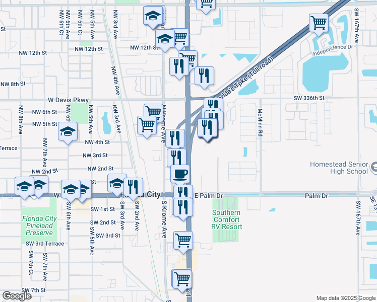 map of restaurants, bars, coffee shops, grocery stores, and more near 77 Northeast 3rd Street in Florida City