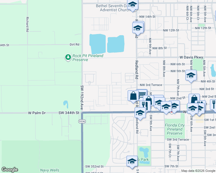 map of restaurants, bars, coffee shops, grocery stores, and more near 1100 West Palm Drive in Homestead