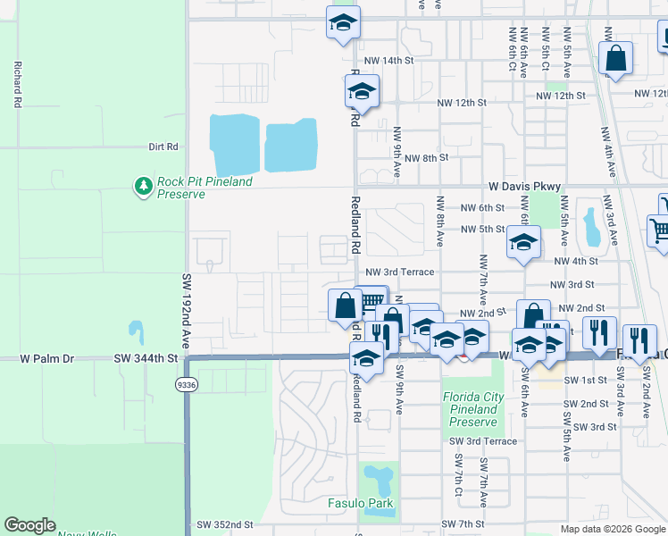 map of restaurants, bars, coffee shops, grocery stores, and more near 33690 Southwest 187th Avenue in Florida City