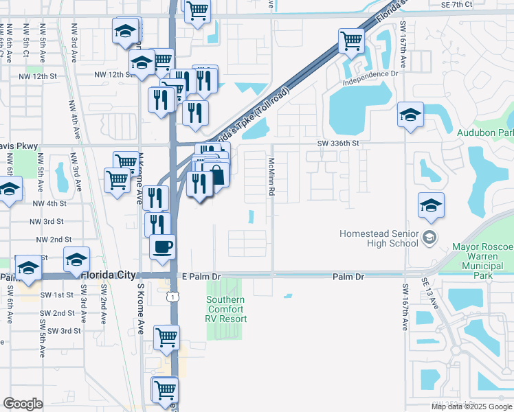 map of restaurants, bars, coffee shops, grocery stores, and more near 380 Northeast 5th Place in Florida City