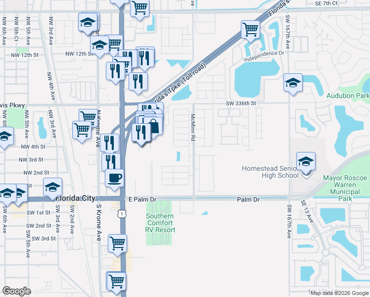 map of restaurants, bars, coffee shops, grocery stores, and more near 612 Northeast 4th Avenue in Florida City