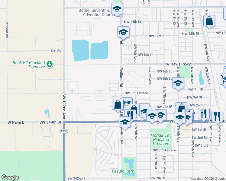 map of restaurants, bars, coffee shops, grocery stores, and more near 33690 Southwest 187th Avenue in Florida City
