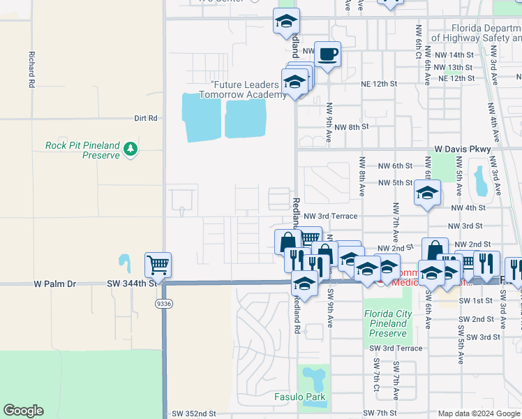 map of restaurants, bars, coffee shops, grocery stores, and more near 371 Northwest 12th Avenue in Florida City