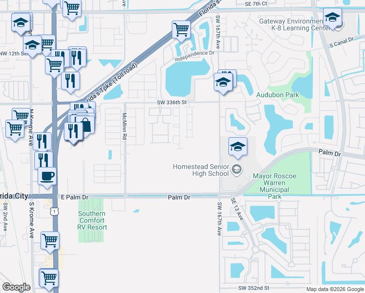 map of restaurants, bars, coffee shops, grocery stores, and more near 870 SE 19th St in Homestead
