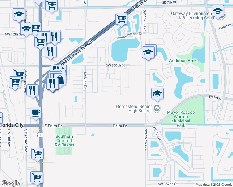 map of restaurants, bars, coffee shops, grocery stores, and more near 870 SE 19th St in Homestead