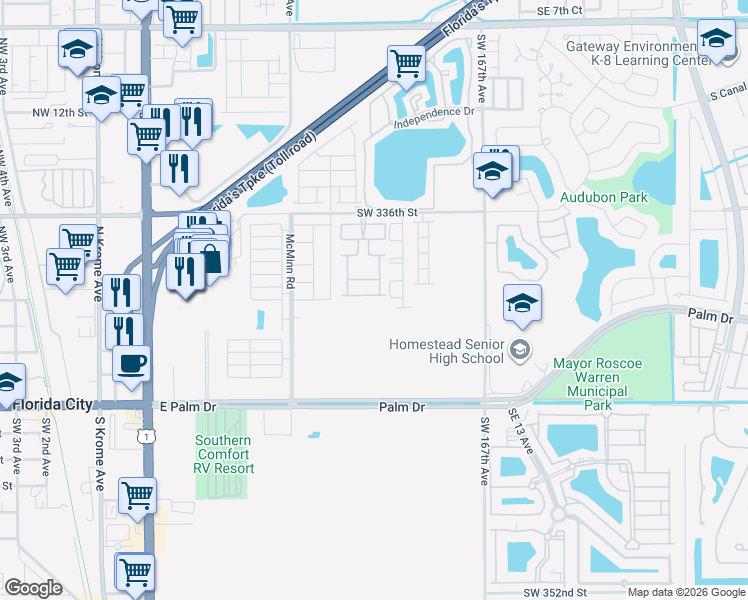map of restaurants, bars, coffee shops, grocery stores, and more near 475 Southwest 172nd Avenue in Florida City