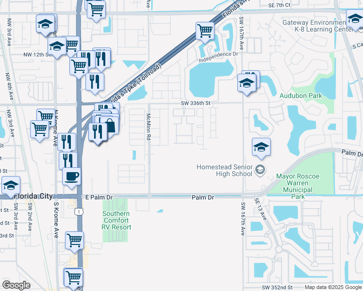 map of restaurants, bars, coffee shops, grocery stores, and more near 475 Southwest 172nd Avenue in Florida City