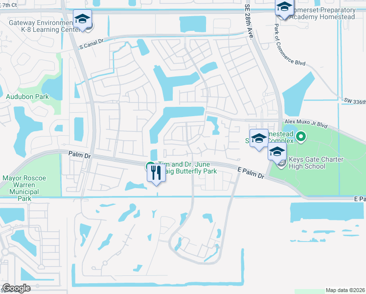 map of restaurants, bars, coffee shops, grocery stores, and more near 2348 Southeast 21st Street in Homestead