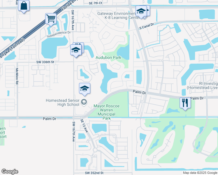 map of restaurants, bars, coffee shops, grocery stores, and more near 1417 Southeast 22nd Lane in Homestead