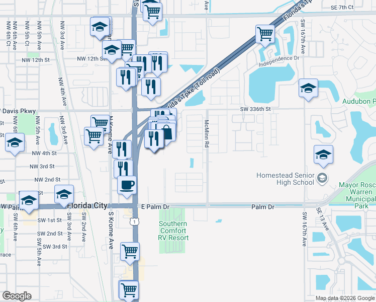 map of restaurants, bars, coffee shops, grocery stores, and more near 380 Northeast 5th Place in Florida City