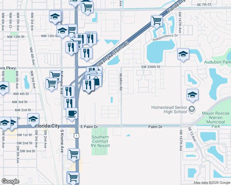 map of restaurants, bars, coffee shops, grocery stores, and more near 380 Northeast 5th Place in Florida City
