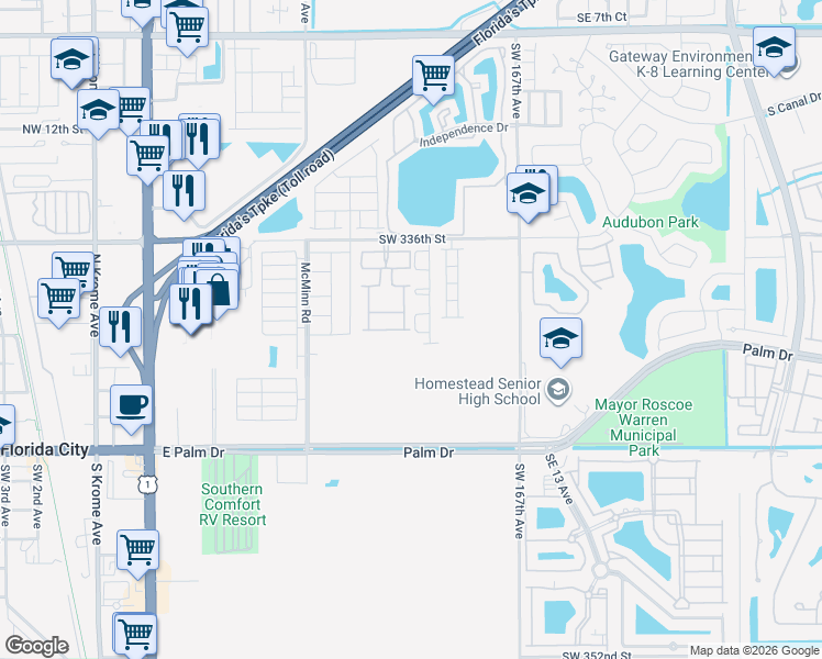 map of restaurants, bars, coffee shops, grocery stores, and more near 870 SE 19th St in Homestead