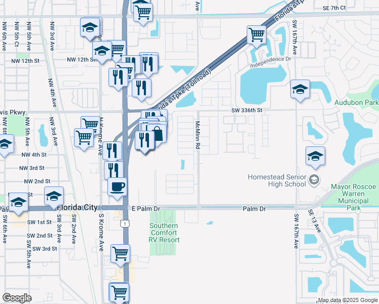 map of restaurants, bars, coffee shops, grocery stores, and more near 612 Northeast 4th Avenue in Florida City