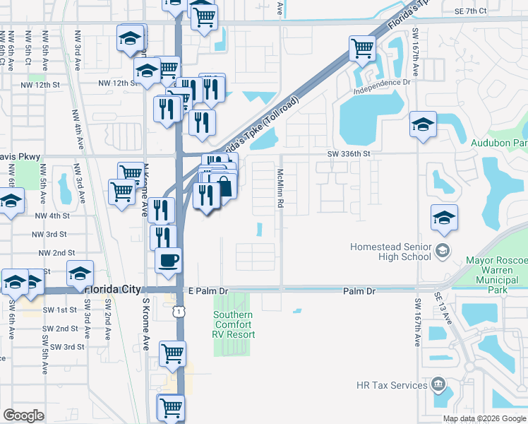 map of restaurants, bars, coffee shops, grocery stores, and more near 380 Northeast 5th Place in Florida City