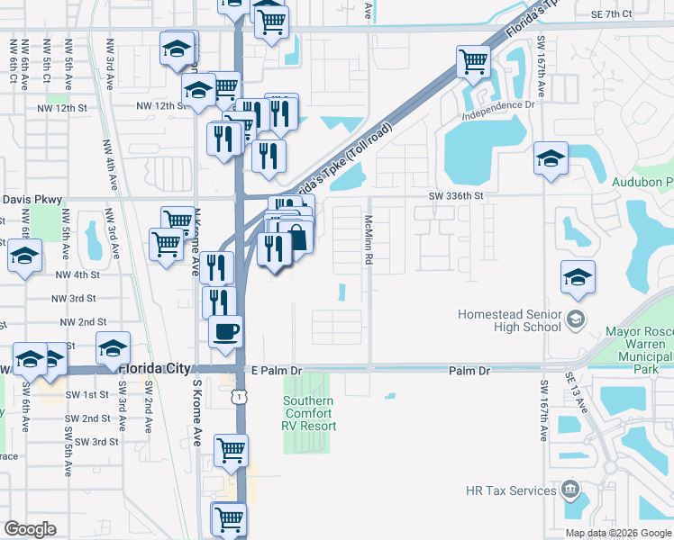 map of restaurants, bars, coffee shops, grocery stores, and more near 380 Northeast 5th Place in Florida City