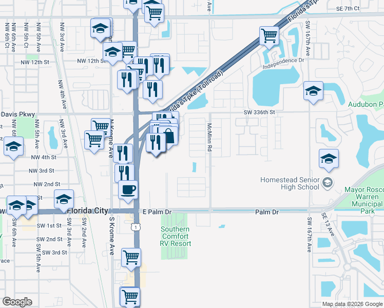 map of restaurants, bars, coffee shops, grocery stores, and more near 380 Northeast 5th Place in Florida City