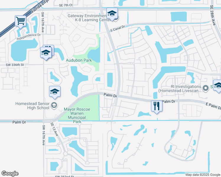 map of restaurants, bars, coffee shops, grocery stores, and more near 1651 Southeast 23rd Street in Homestead