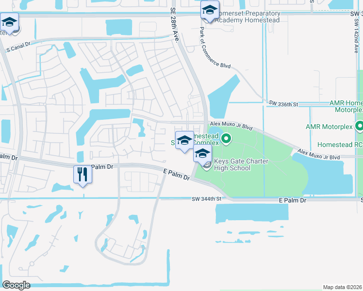 map of restaurants, bars, coffee shops, grocery stores, and more near 2626 Southeast 21st Court in Homestead