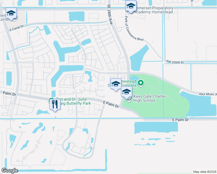 map of restaurants, bars, coffee shops, grocery stores, and more near 2626 Southeast 21st Court in Homestead