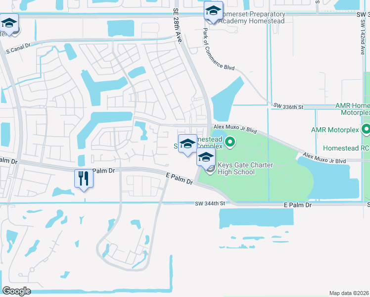 map of restaurants, bars, coffee shops, grocery stores, and more near 2626 Southeast 21st Court in Homestead