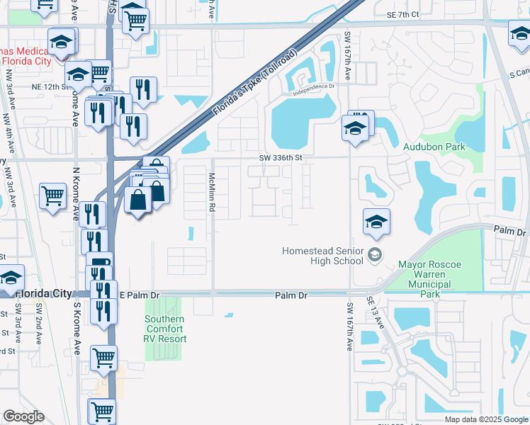 map of restaurants, bars, coffee shops, grocery stores, and more near 475 Southwest 172nd Avenue in Florida City