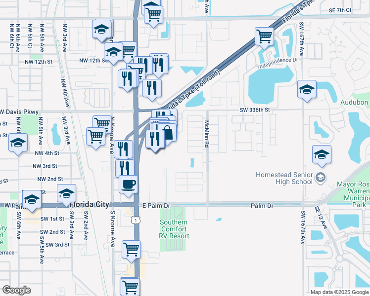 map of restaurants, bars, coffee shops, grocery stores, and more near 380 Northeast 5th Place in Florida City