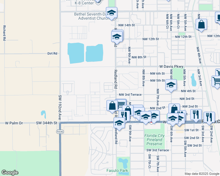 map of restaurants, bars, coffee shops, grocery stores, and more near 33690 Southwest 187th Avenue in Florida City