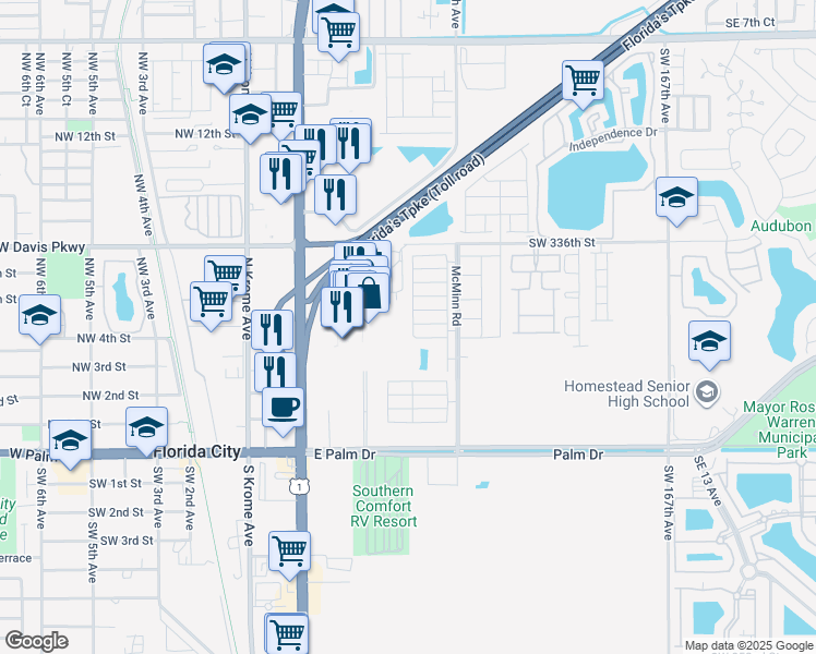 map of restaurants, bars, coffee shops, grocery stores, and more near 380 Northeast 5th Place in Florida City